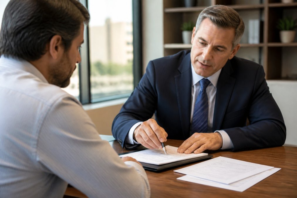 A financial advisor in business attire reviewing loan documents with a small business owner across a desk in a professional office setting, natural window lighting