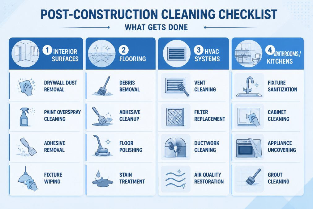 Comparison matrix showing post-construction cleaning tasks across four areas: interior surfaces (drywall dust removal, paint overspray cleaning, adhesive removal, fixture wiping), flooring (debris removal, adhesive cleanup, floor polishing, stain treatment), HVAC systems (vent cleaning, filter replacement, ductwork cleaning, air quality restoration), and bathrooms/kitchens (fixture sanitization, cabinet cleaning, appliance uncovering, grout cleaning)