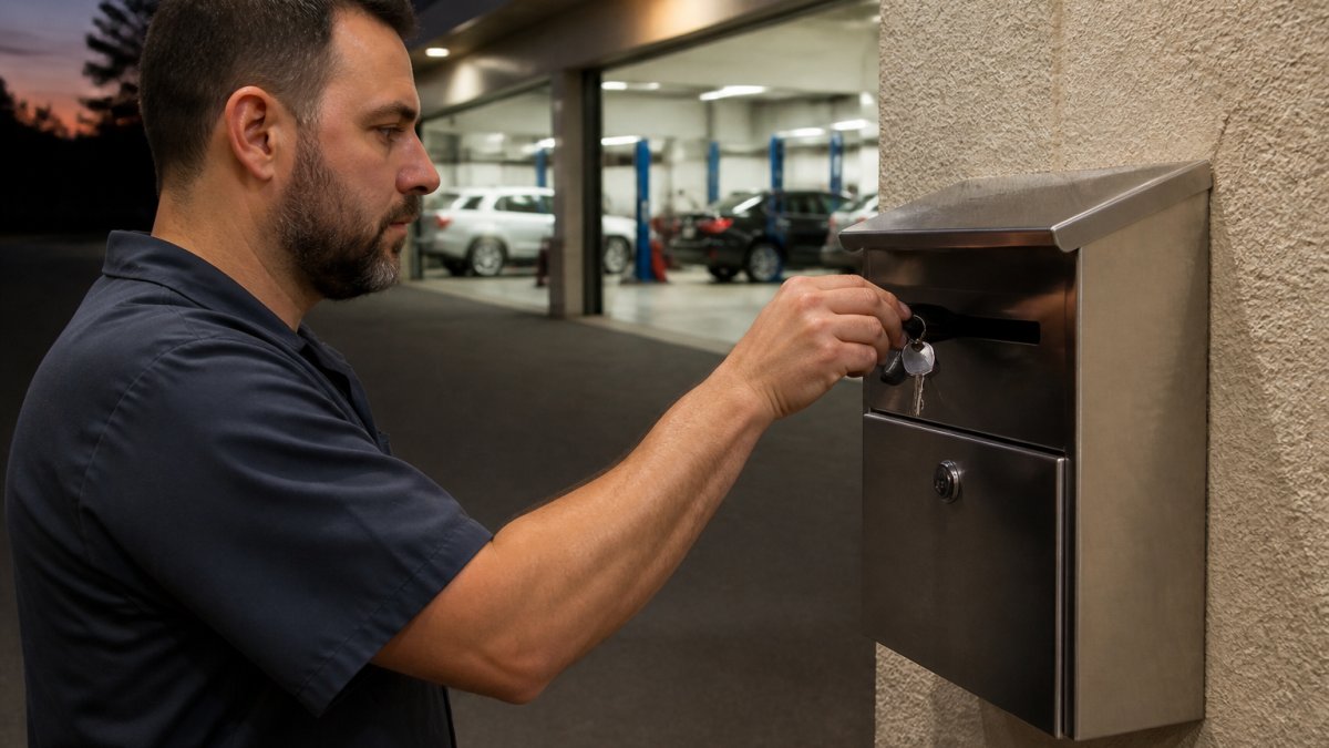 Professional mechanic inserting vehicle keys into a secure metal key drop box mounted on an auto repair shop's exterior wall at dusk, with shop lighting visible in background
