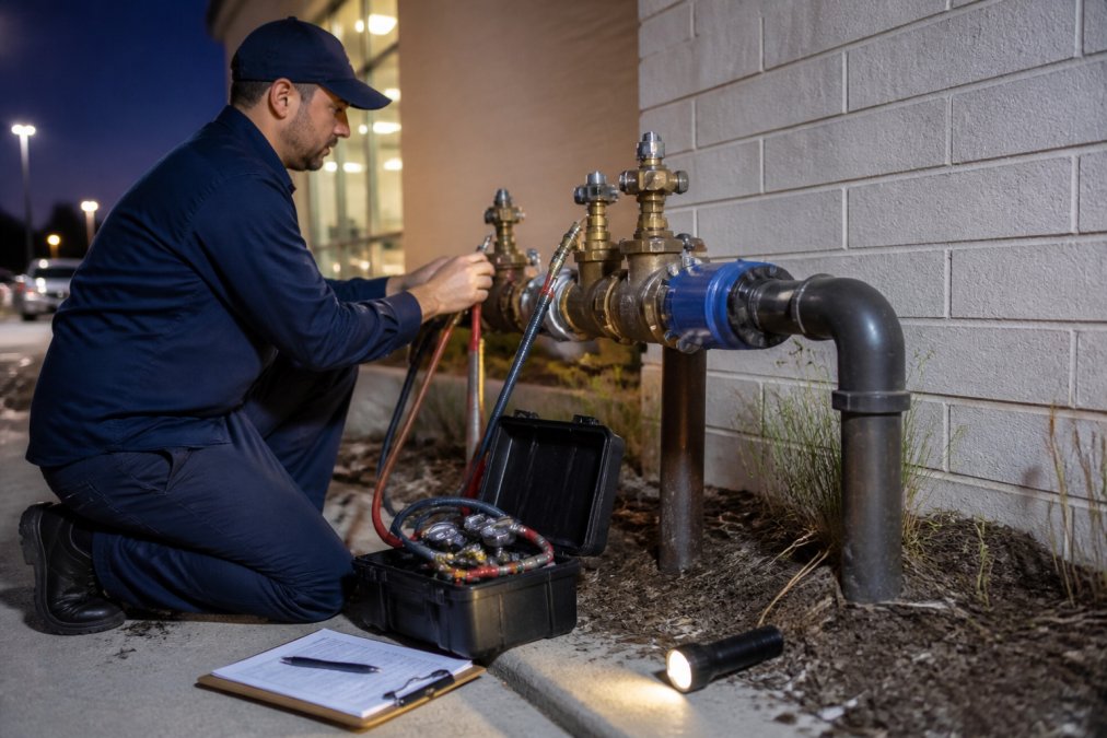 Certified technician performing after hours backflow testing on a commercial valve using a standard test kit