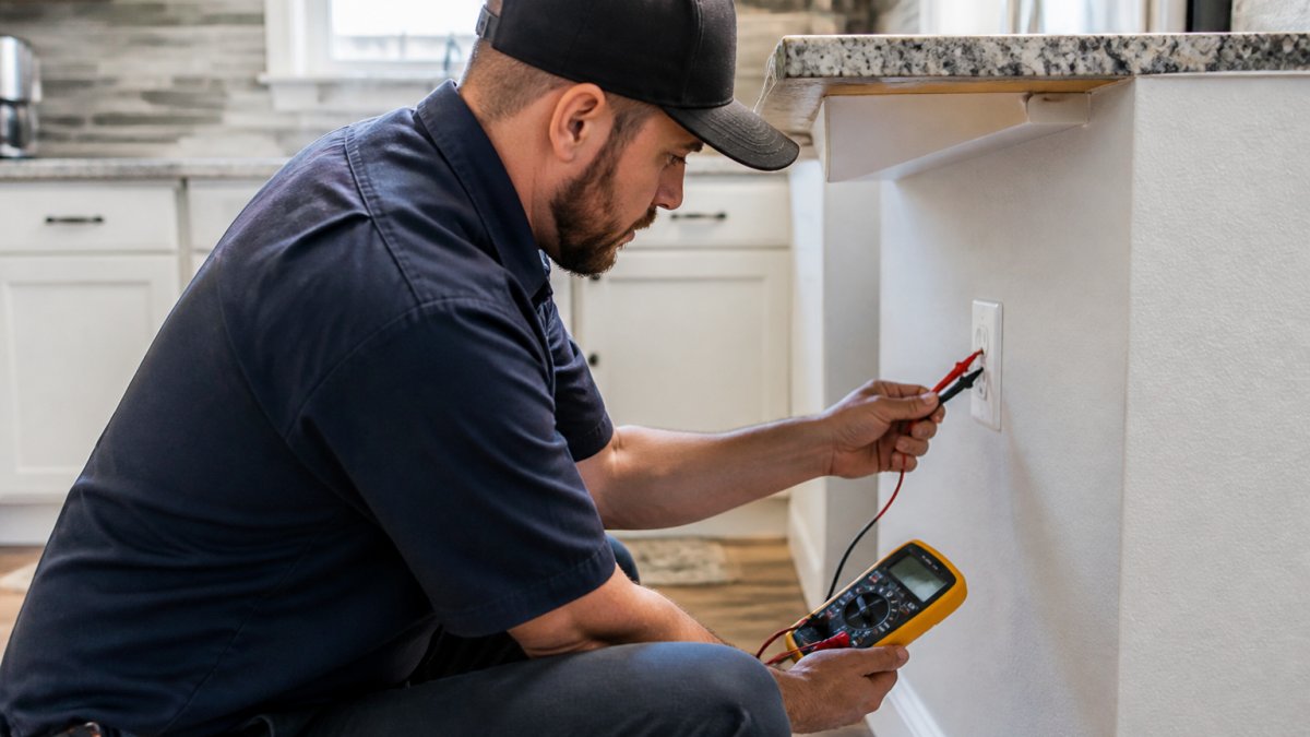 Professional electrician inspecting an electrical outlet with diagnostic multimeter in a residential kitchen setting, focused on safety assessment