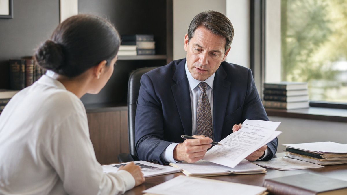 Professional attorney meeting with a client in a law office, reviewing settlement documents and legal files on a desk with natural lighting
