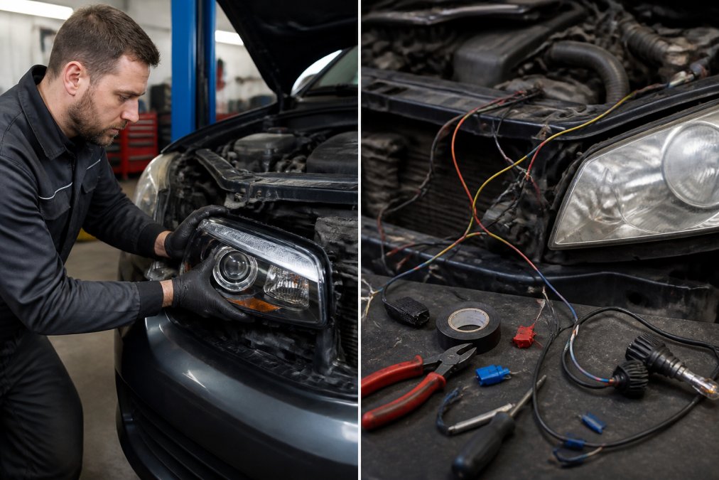 Mechanic installing a new LED headlight assembly in a professional workshop setting