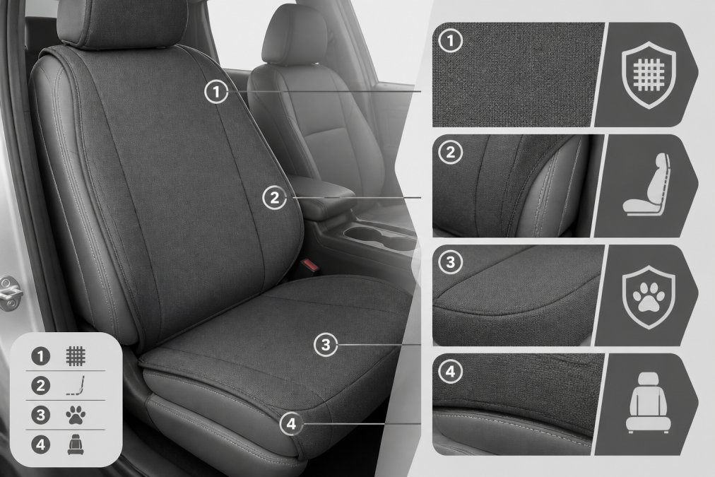 Close-up of a tailored car seat cover installed on a vehicle seat, showing the protective heavy-duty canvas fabric conforming precisely to seat contours and original upholstery visible at edges