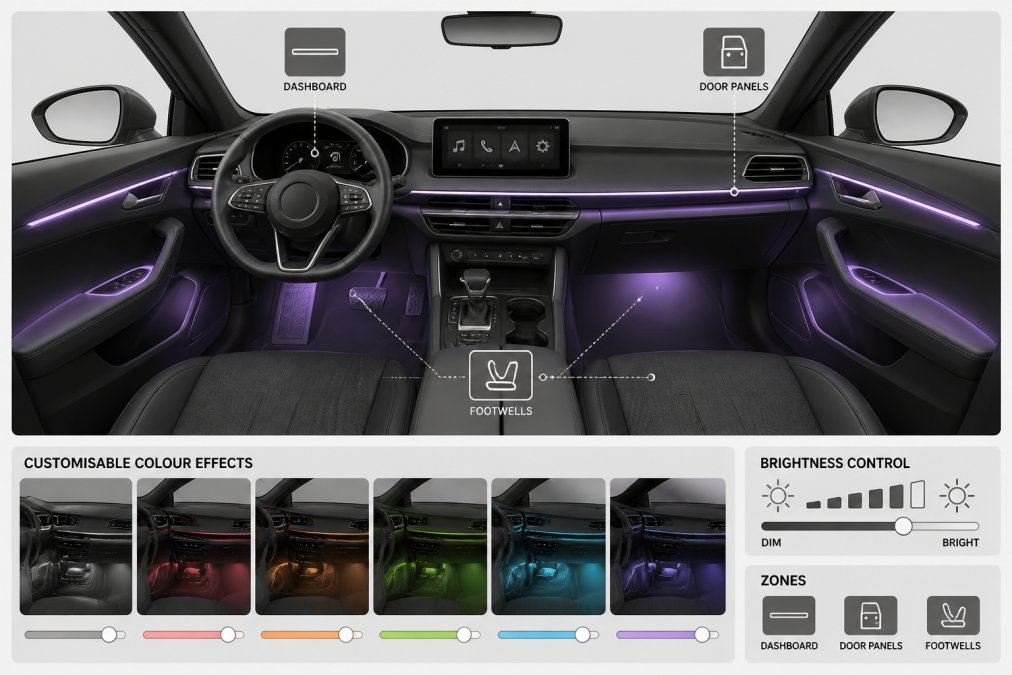 Interior of a vehicle with RGB ambient lighting installed along the dashboard, door panels, and footwells, showing multiple customisable colour effects creating a professional, integrated finish