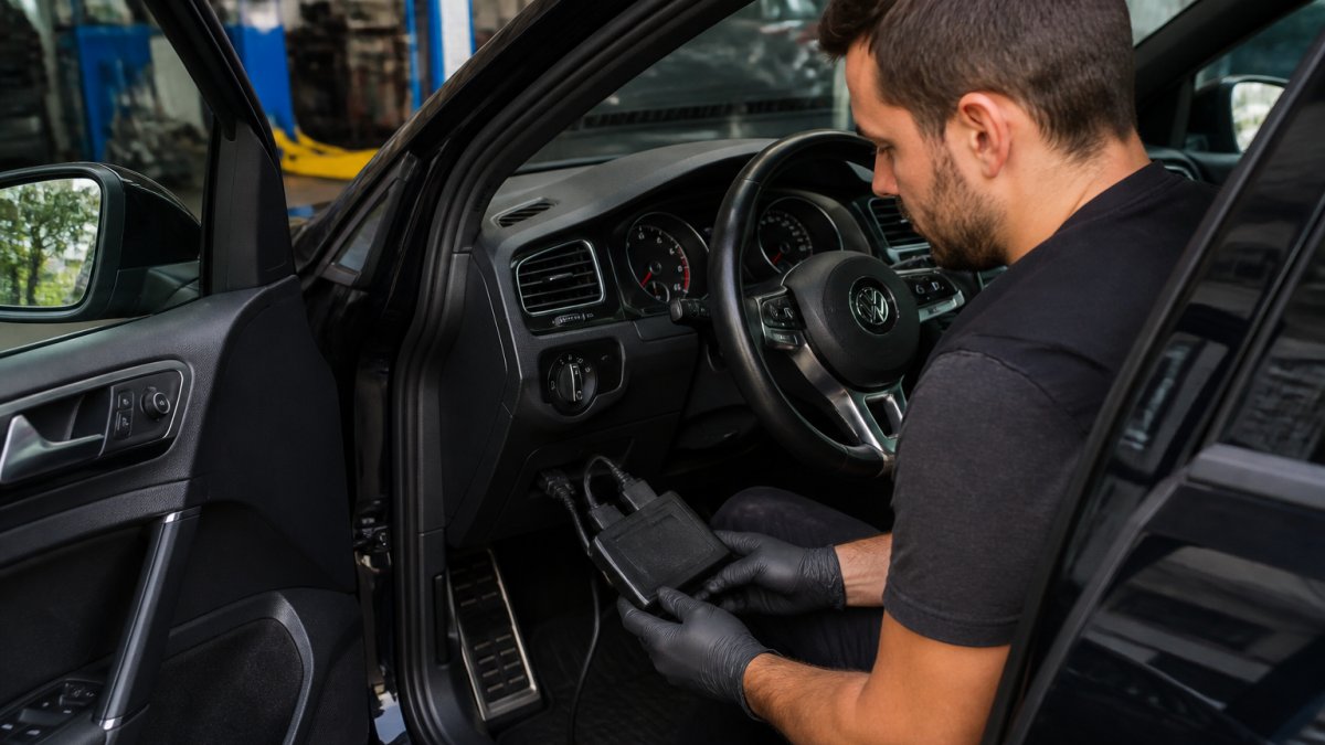 Professional technician holding a FlashZilla Pro device next to a Volkswagen Golf GTI's OBD port, modern garage setting with natural lighting