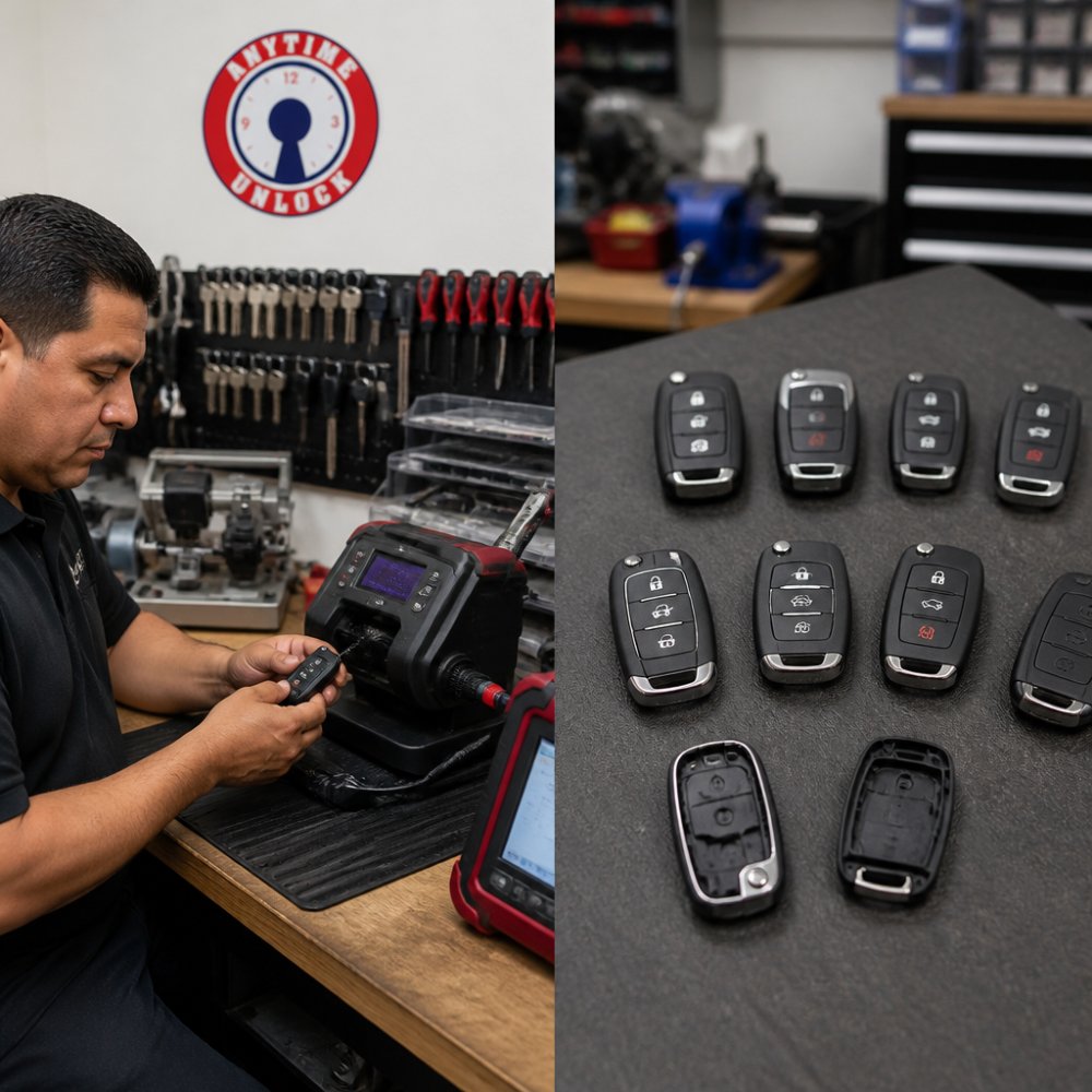 Professional locksmith technician programming an aftermarket key fob at a workbench with specialized diagnostic equipment and multiple fob shells displayed, demonstrating hands-on technical service