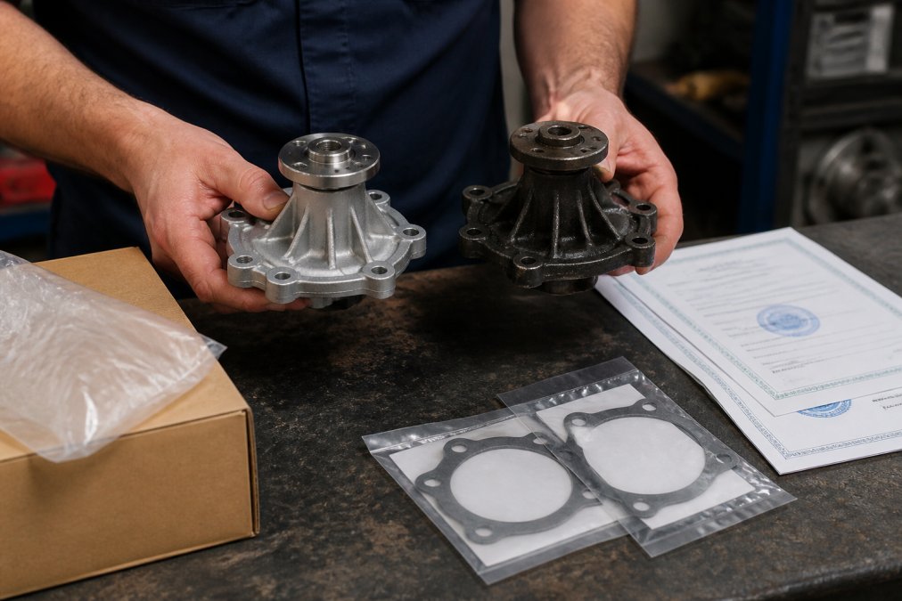 Mechanic's hands comparing an OEM engine part alongside an aftermarket replacement component on a workbench, with certification documentation and packaging visible