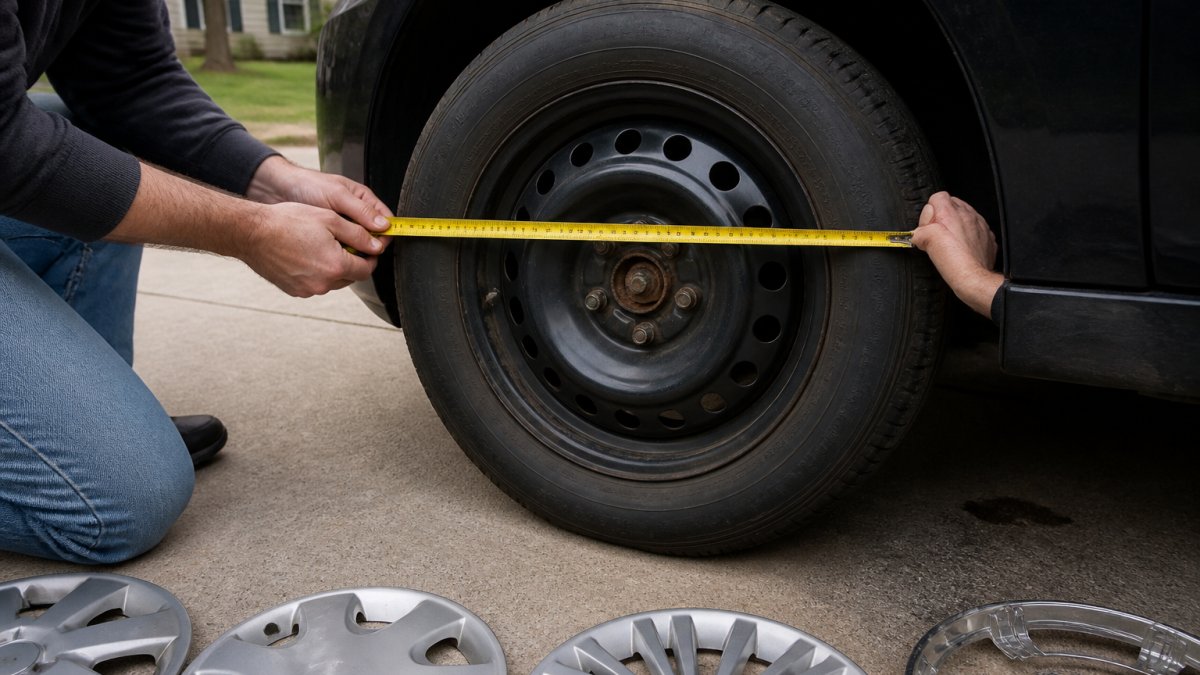 Close-up of a person's hands holding a tape measure across the outer edge of a car wheel with the tire mounted, hubcap removed, in a residential driveway