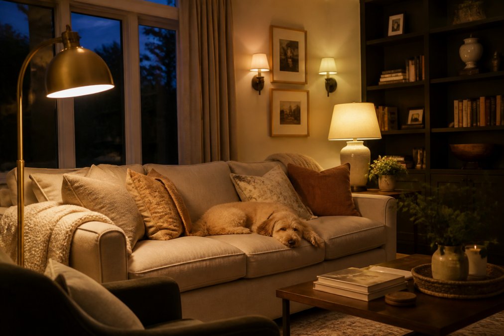 Cozy living room at dusk with warm golden light from a brass floor lamp, cream-colored table lamp, and soft wall sconces creating layered illumination across a comfortable seating area with books and decorative accents