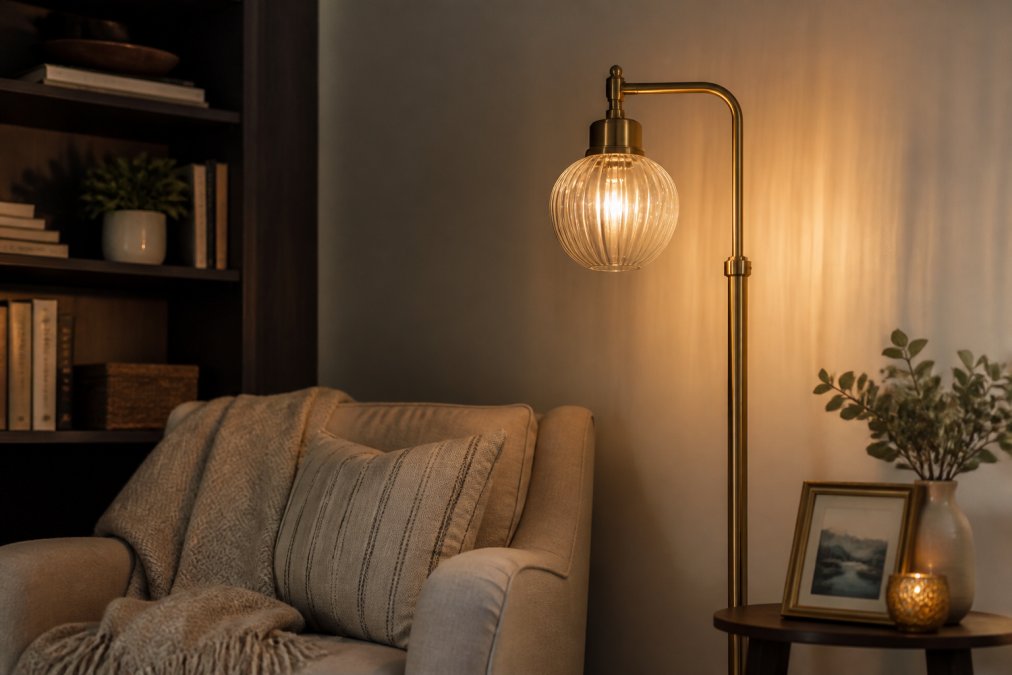 Close-up of a brass and glass floor lamp with warm LED bulbs casting soft golden light across a reading nook with stacked books, a comfortable upholstered chair, and a small side table with decorative objects