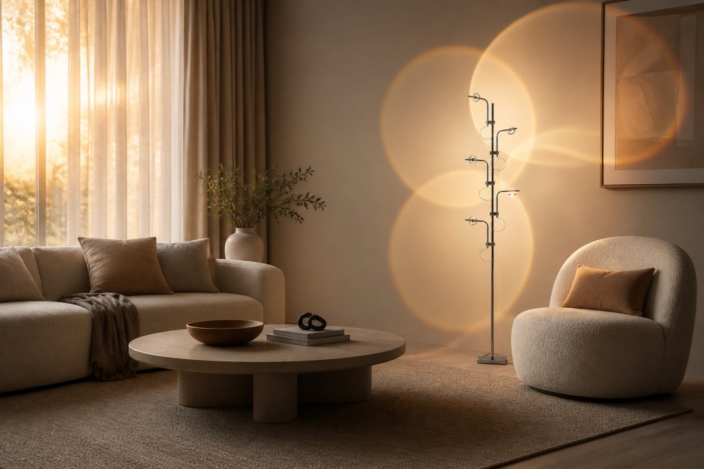 Modern living room with warm floor lamp casting soft golden light across neutral furniture, afternoon sunlight filtering through sheer curtains, creating layered ambient lighting