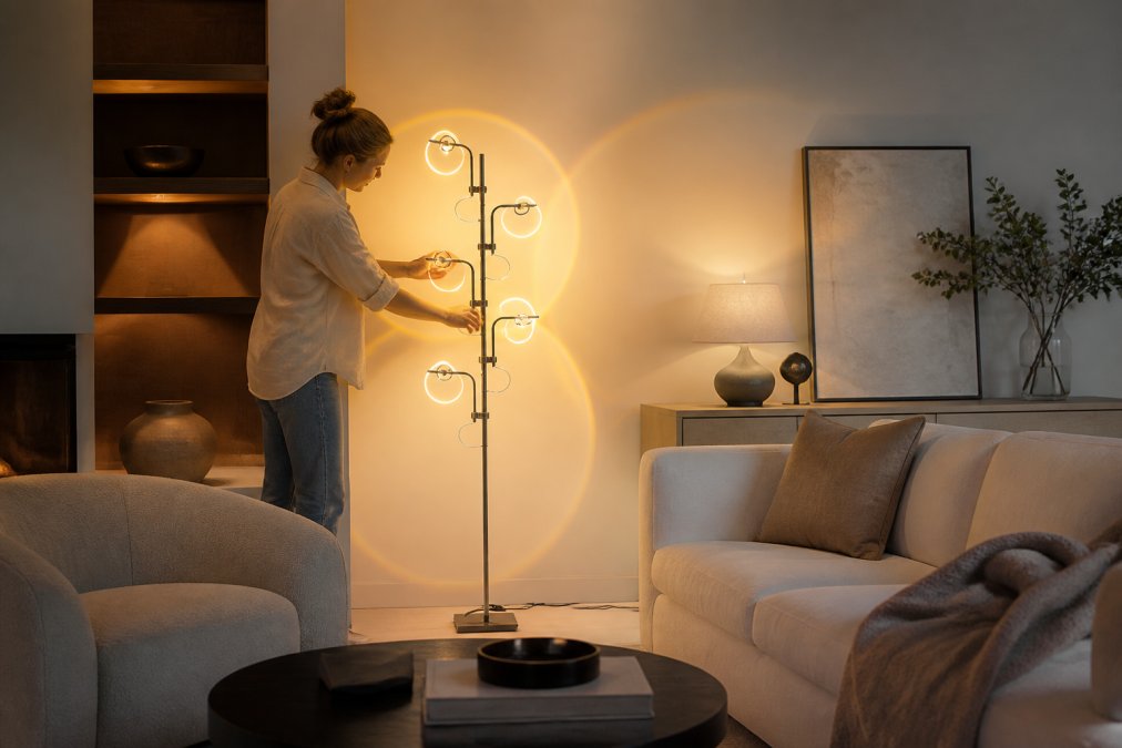 Designer's hands adjusting a dimmable floor lamp in a styled living room, warm golden light reflecting off cream-colored upholstery and wood surfaces, multiple light sources creating layered illumination