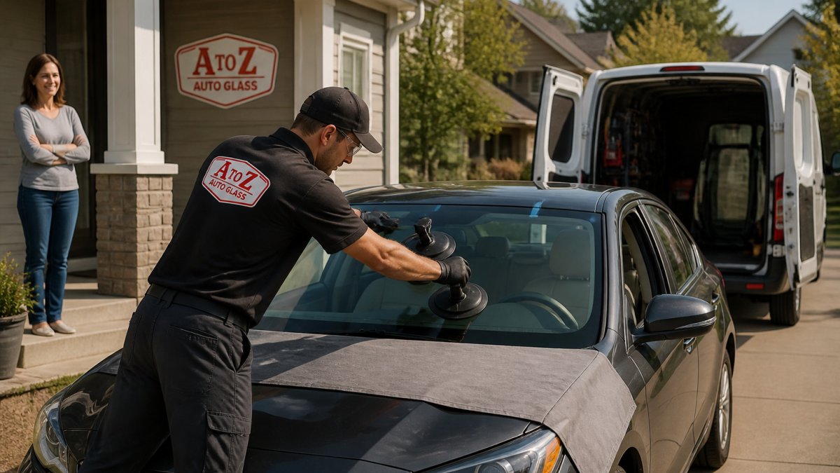 Technician installing a new windshield in a driveway using afterpay auto glass services