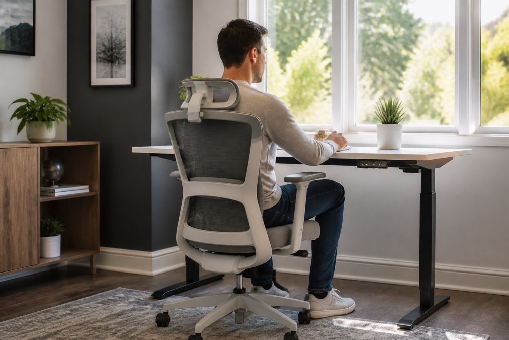 A professional working from a home office in a modern, adjustable ergonomic chair at a sit-stand desk with natural light streaming through a window