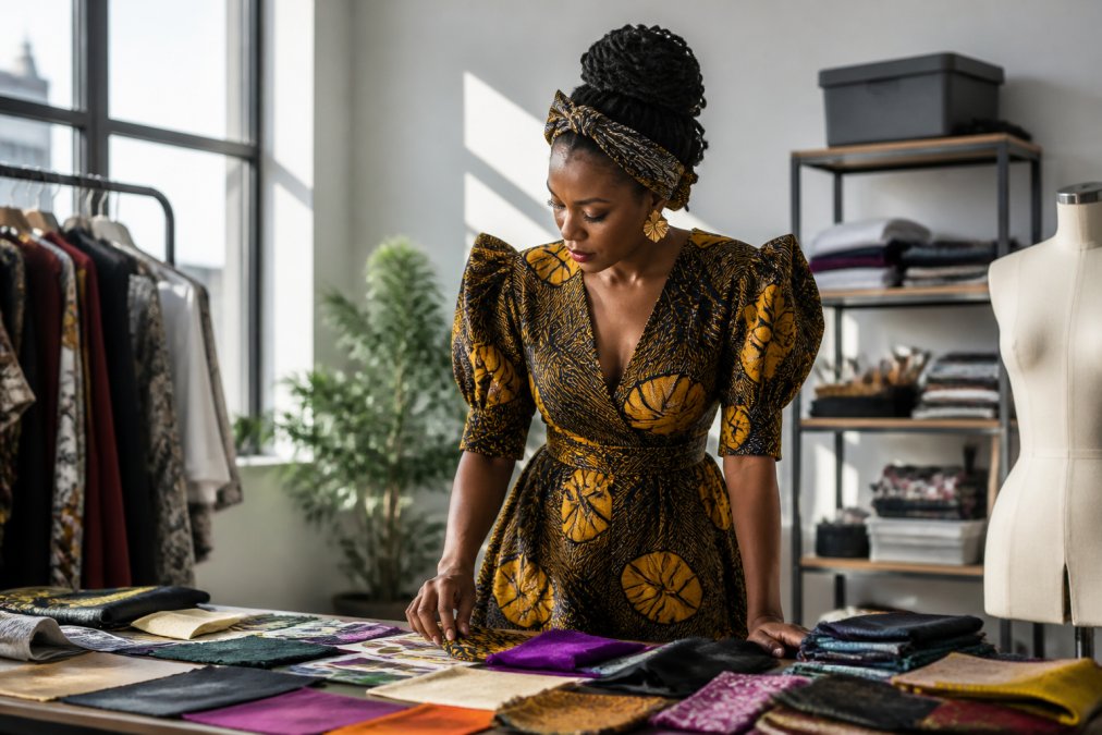 A woman in a vibrant African-print occasion dress standing in a sunlit studio, examining fabric swatches on a table beside her