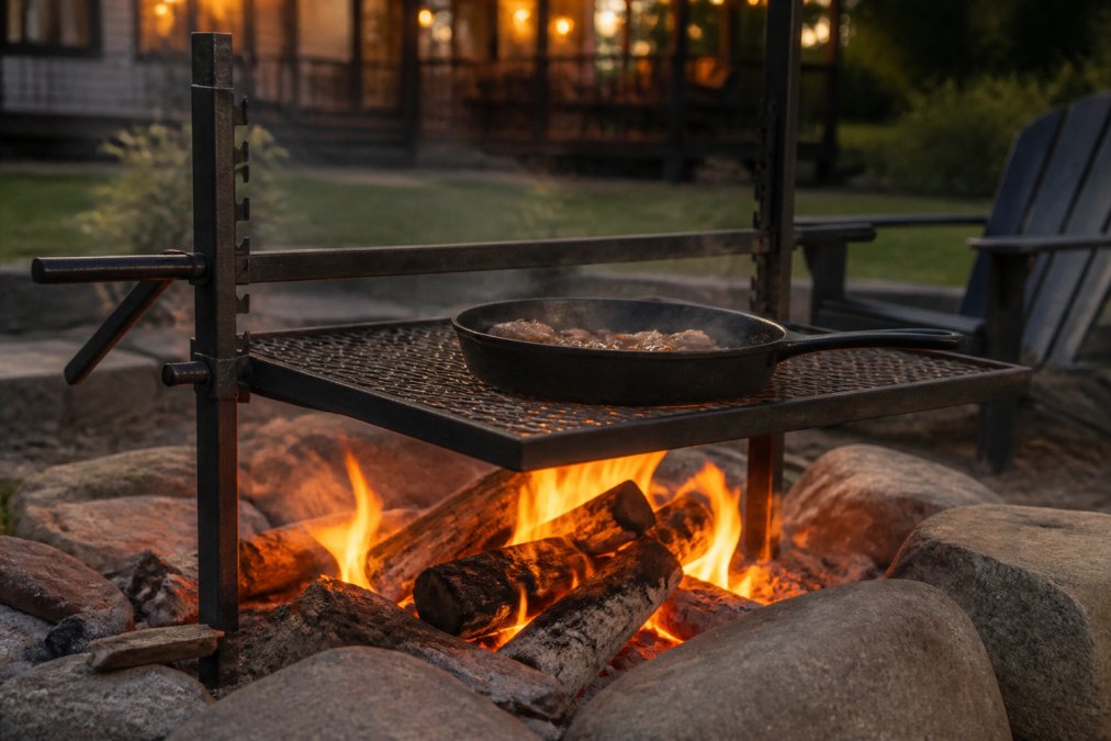 Cast iron pan on an adjustable carbon steel grate over a roaring fire pit for heavy duty grilling at dusk