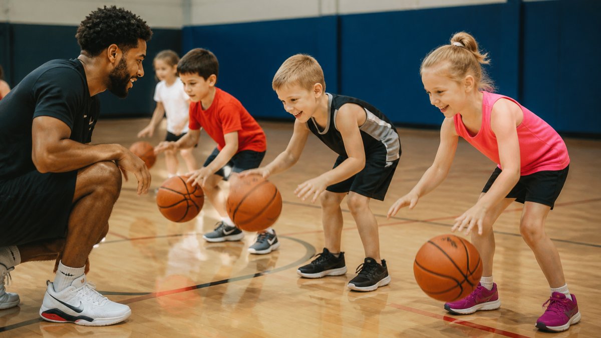 A group of young children aged 4 to 6 in colorful athletic wear dribbling small basketballs on a bright indoor gym floor, with a coach kneeling nearby offering encouragement