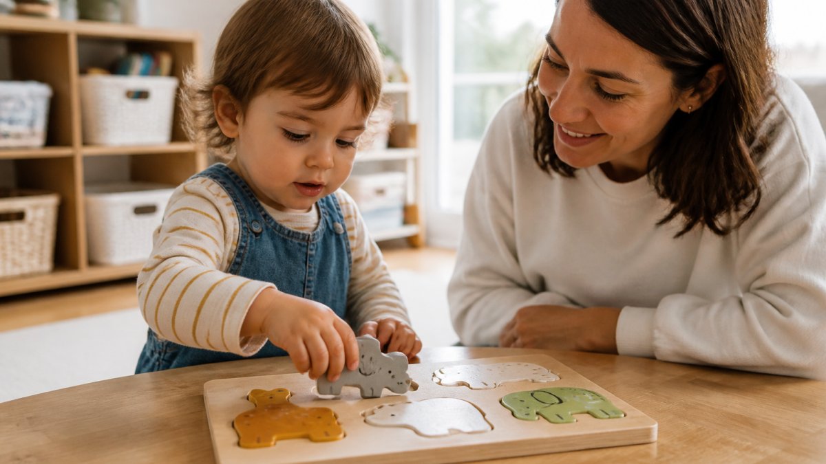 A toddler sitting at a low wooden table concentrating intently on fitting a large puzzle piece into a wooden puzzle, with a parent seated nearby watching encouragingly with a warm expression