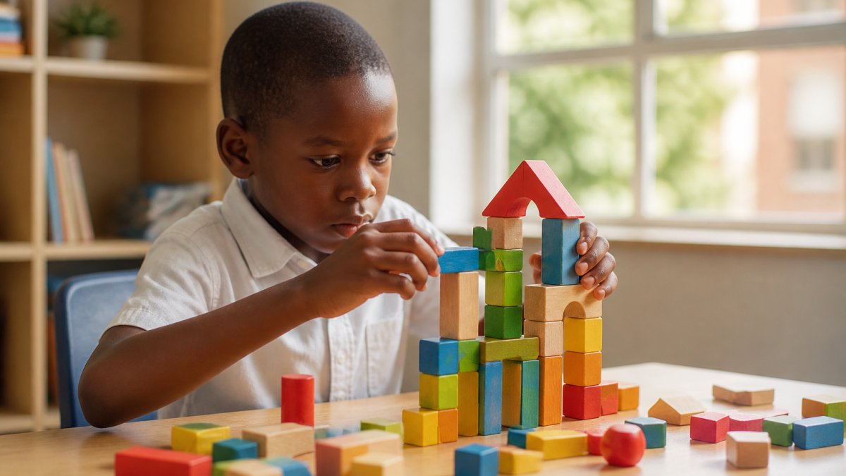 Primary school-aged child concentrating on building a colourful structure with wooden blocks on a table, natural daylight streaming through a window in the background