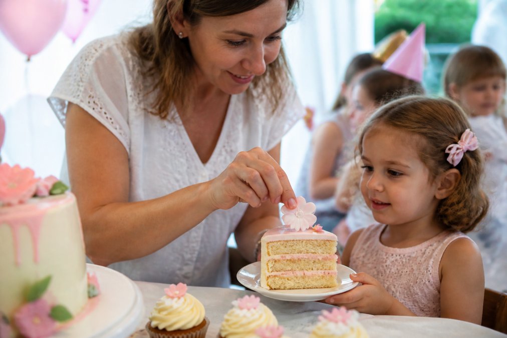 A parent carefully lifting a decorative sugar topper off a slice of cake before handing the plate to a young child at a bright, cheerful birthday party