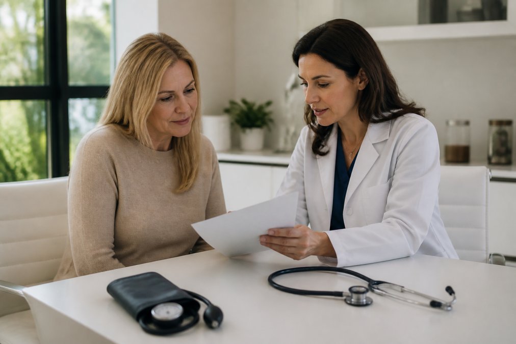 A physician in a bright modern clinic reviewing lab results on a tablet with a patient, both seated at a clean desk with a blood pressure cuff and stethoscope nearby