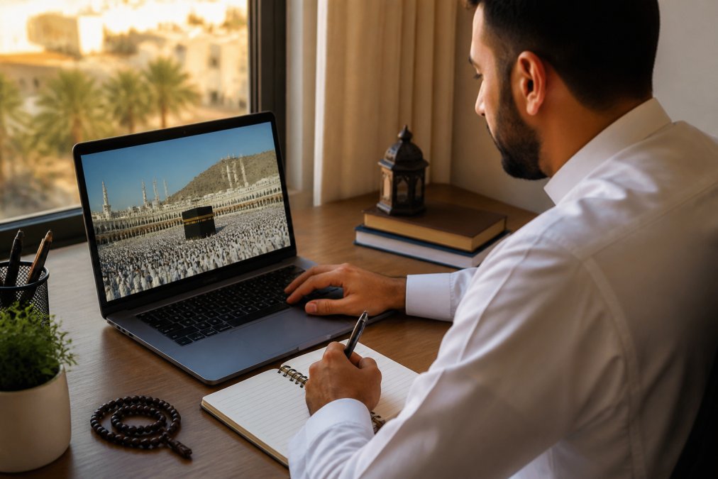 Personne consultant le site d'une agence hajj agréée sur son ordinateur pour préparer son inscription au pèlerinage.