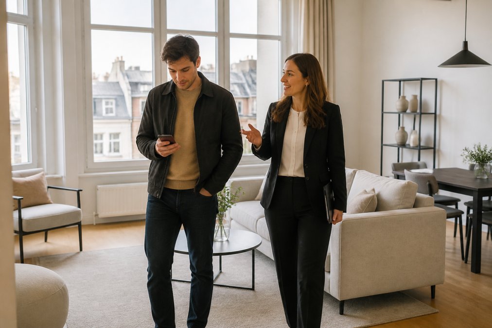 Jeune expatrié consultant son téléphone lors d'une visite d'appartement moderne avec agent immobilier multilingue souriant à ses côtés, lumière naturelle entrant par les fenêtres