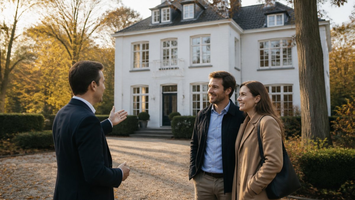 Agent immobilier en costume sombre discutant avec un couple souriant devant une villa blanche à grande façade entourée d'arbres à feuilles caduques, lumière naturelle de fin d'après-midi évoquant la proximité de la Forêt de Soignes