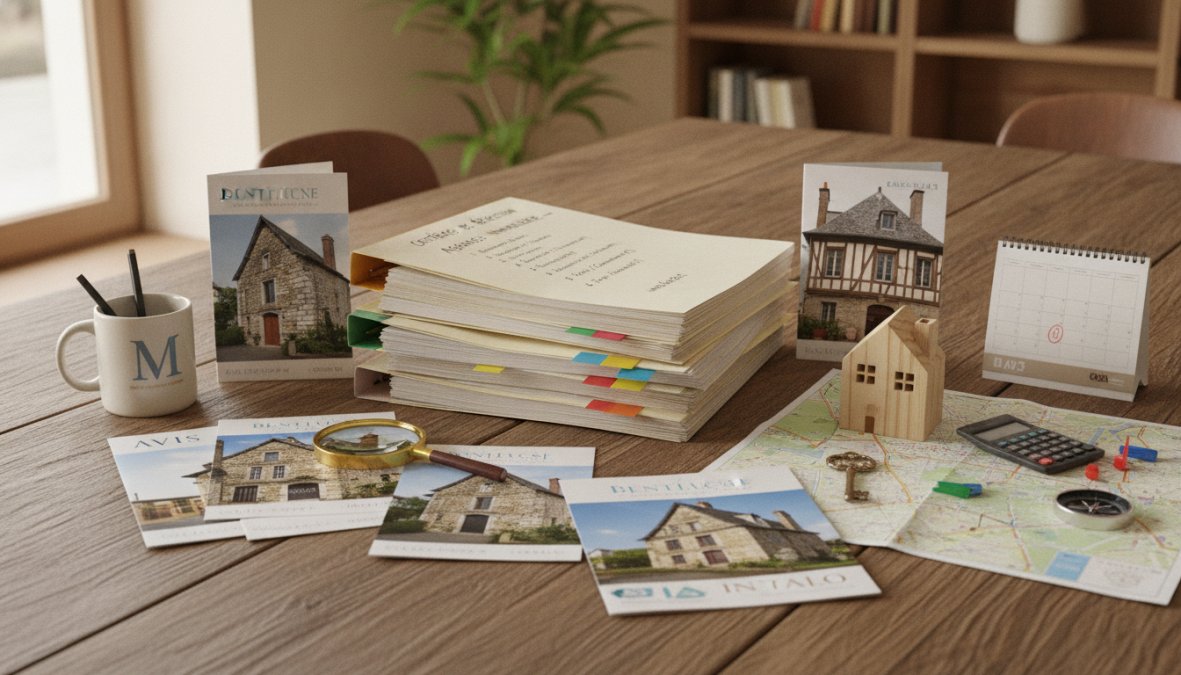 Conseiller immobilier professionnel accueillant un couple dans une agence moderne à Montluçon, montrant des annonces immobilières et discutant d'un projet d'achat avec sourire