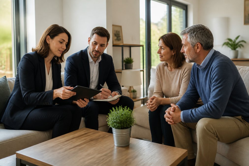 Deux agents immobiliers en rendez-vous avec un couple de propriétaires dans un salon lumineux, l'un présentant un dossier de vente sur tablette, l'autre prenant des notes sur un carnet, ambiance professionnelle et rassurante