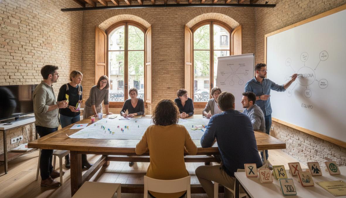 Equipo de cinco profesionales de marketing sentados alrededor de una mesa de trabajo luminosa en una oficina moderna de Barcelona, revisando métricas en pantallas de ordenador y señalando datos en una tablet