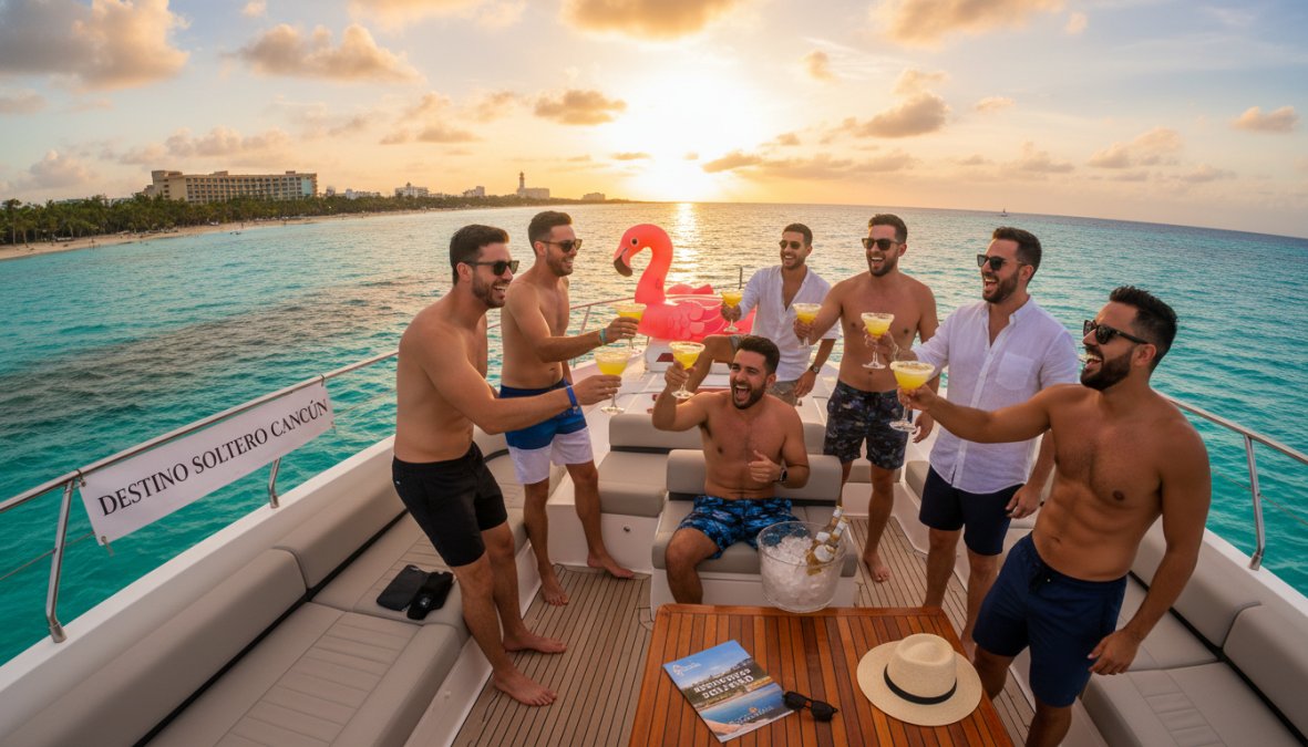 Grupo de amigos celebrando en la playa de Cancún al atardecer, sosteniendo bebidas tropicales con el mar turquesa de fondo, sombrillas de colores y arena blanca iluminada por la luz dorada del sol