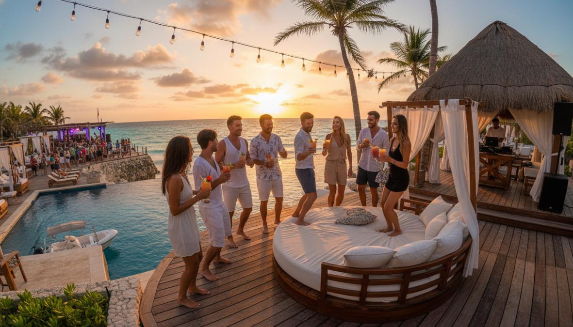 Grupo de jóvenes celebrando en un catamarán privado en aguas cristalinas del Caribe mexicano, con bebidas en mano, música ambiente, sol brillante y el horizonte azul de fondo