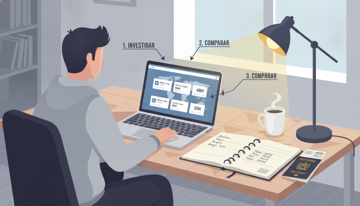 Person sitting at a wooden desk with a laptop open showing a flight comparison website with multiple price options visible, a notebook with handwritten destination names and budget figures, a passport placed open nearby, and a steaming cup of coffee, warm desk lamp lighting in a home office setting