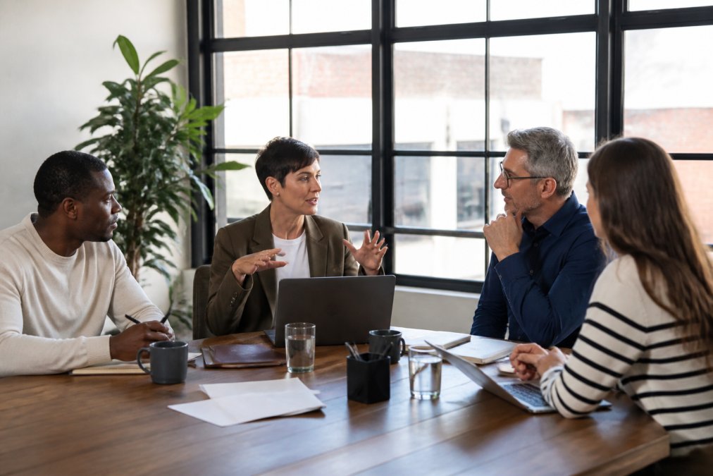 Marketing team reviewing performance metrics on a monitor while evaluating agency alternatives for brands in a modern office.