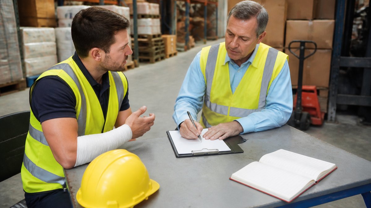Worker in warehouse setting speaking with supervisor near clipboard and accident book on table, documenting incident with natural lighting