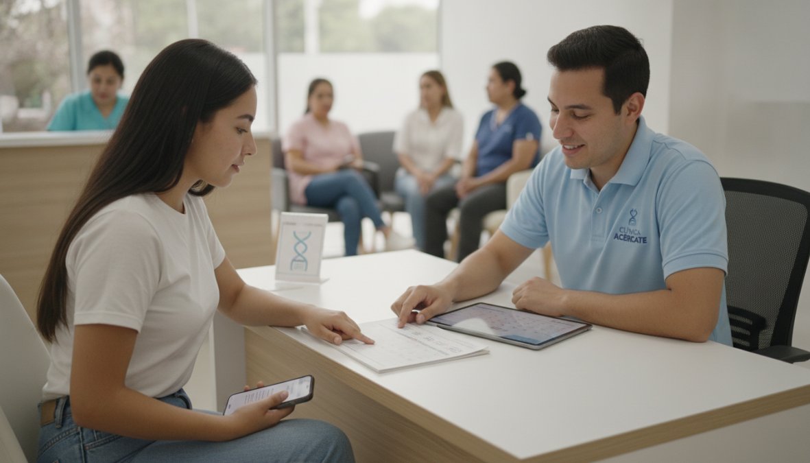 Personal de salud en una clínica moderna ayudando a un paciente a agendar prueba pcr its cdmx en la recepción médica