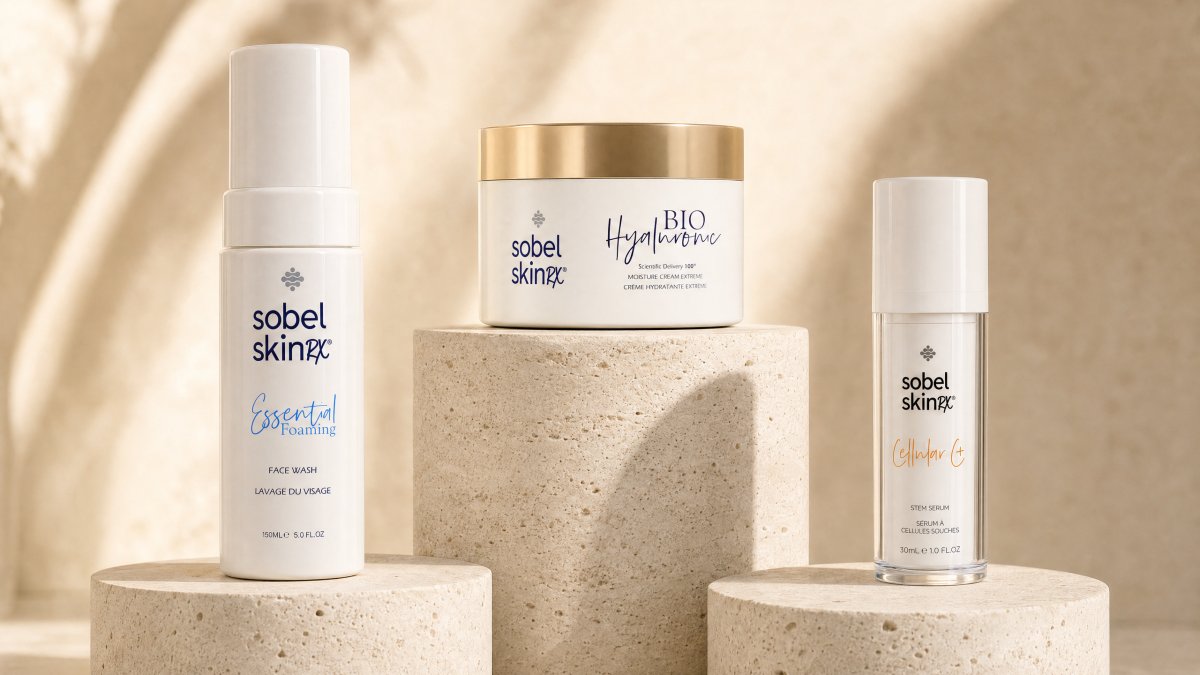 Agent Image Staged Luxury Skincare Still Life Featuring Three Cosmetic Products Arranged On Stagge