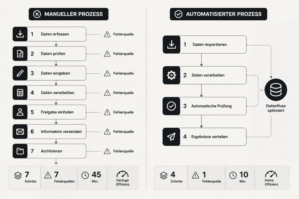 Flowchart-Diagramm: Manueller Prozess mit mehreren Schritten und Fehlerquellen vs. automatisierter Prozess mit reduzierten Schritten und optimiertem Datenfluss