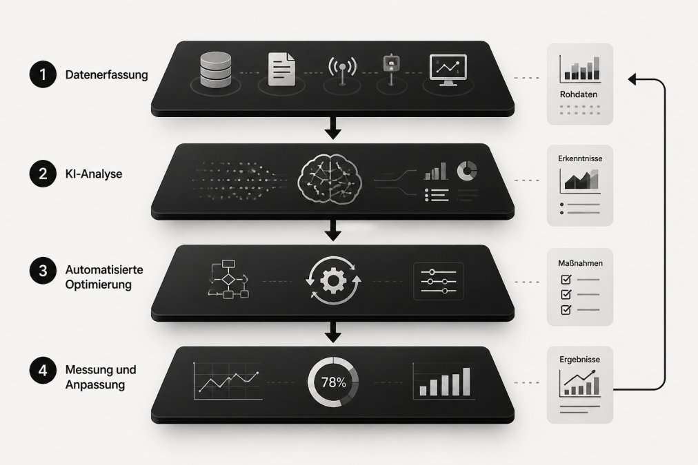 Schichtenmodell-Diagramm: Datenerfassung → KI-Analyse → Automatisierte Optimierung → Messung und Anpassung, mit Pfeilen zwischen den Ebenen