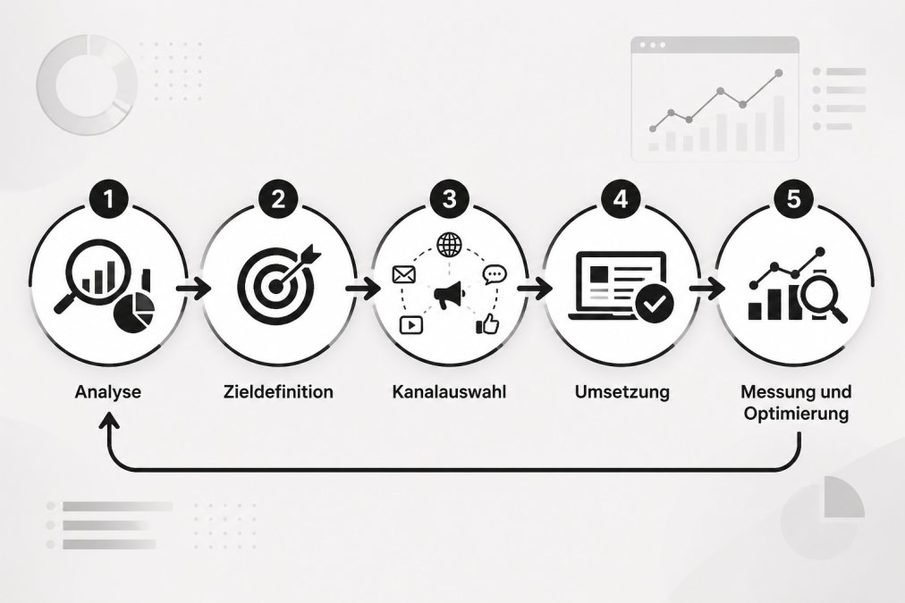 Flussdiagramm mit fünf Stationen: Analyse, Zieldefinition, Kanalauswahl, Umsetzung, Messung und Optimierung, mit Rückkopplungspfeil von der Messung zur Analyse
