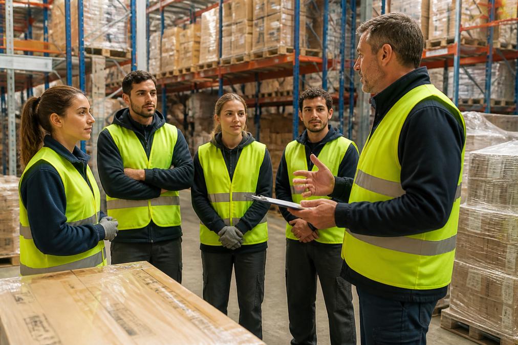 A warehouse supervisor in a high-visibility vest briefing a small team of temporary workers near stacked pallets, clipboard in hand, shelves of goods in the background under industrial lighting