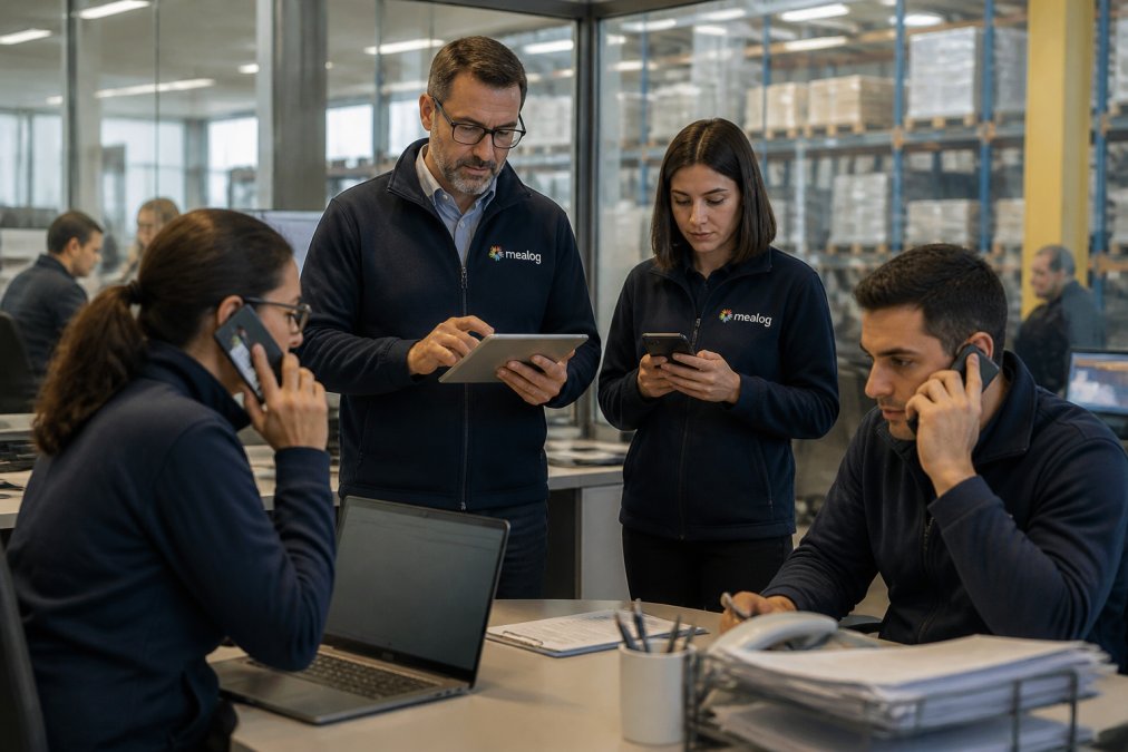 Team di coordinamento logistico che comunica via tablet e smartphone in un ufficio moderno, assegnando risorse in tempo reale mentre monitora le operazioni di magazzino sugli schermi