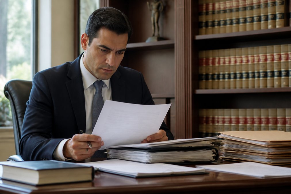 Criminal defense attorney reviewing case documents and legal files at a desk in a professional law office with natural light from windows, law books visible on shelves behind