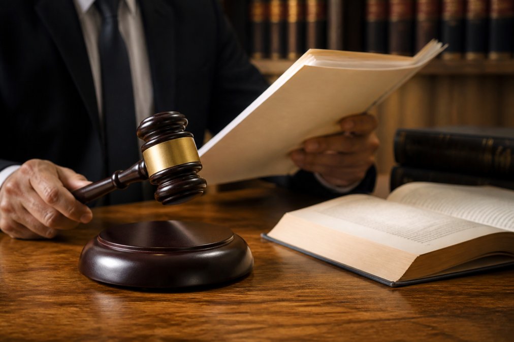 Close-up of hands holding a gavel and legal documents in a courtroom with law books visible in the background, natural courtroom lighting