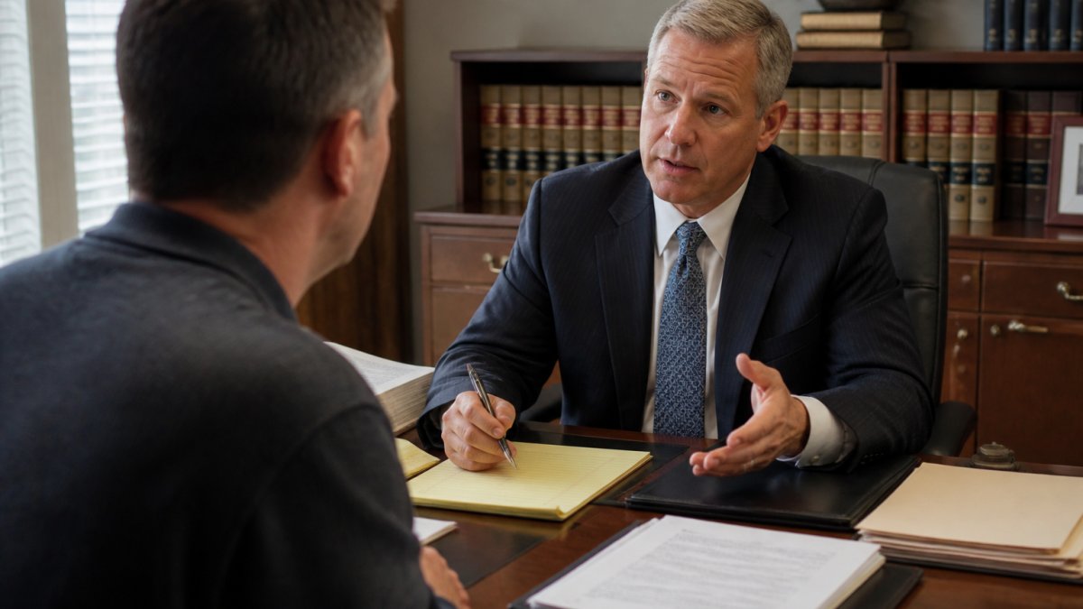 Attorney discussing case strategy for aggressive representation with a client in a modern law office.