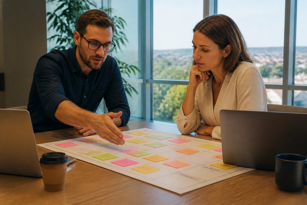 A consultant and client stakeholder reviewing a printed sprint board covered in sticky notes across a meeting room table, laptops and coffee cups nearby, natural daylight from large windows