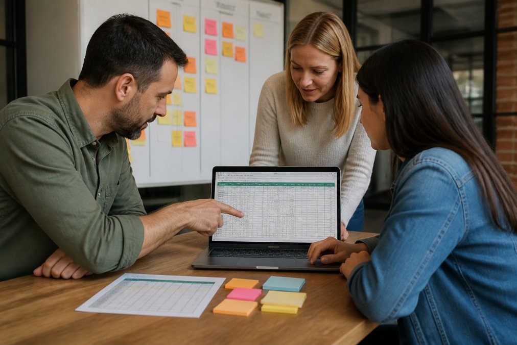 A Scrum Master and two team members gathered around a laptop at a desk, pointing at a sprint planning spreadsheet on screen, sticky notes and a printed backlog on the table beside them