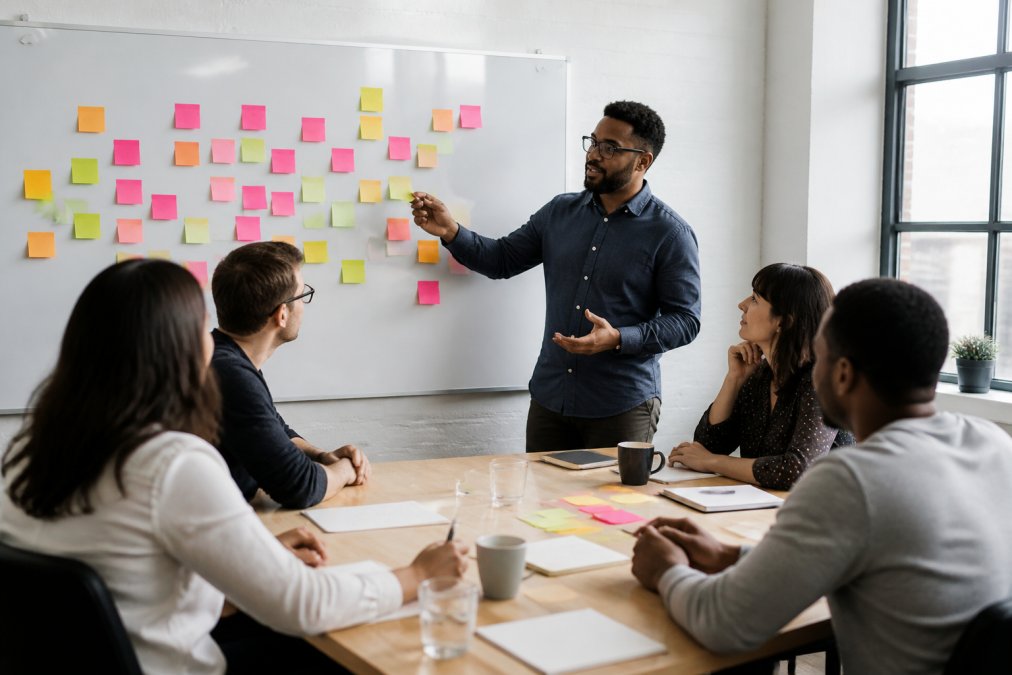 A Scrum Master facilitating a retrospective session with sticky notes on a whiteboard, team members engaged in discussion around a table in a bright meeting room